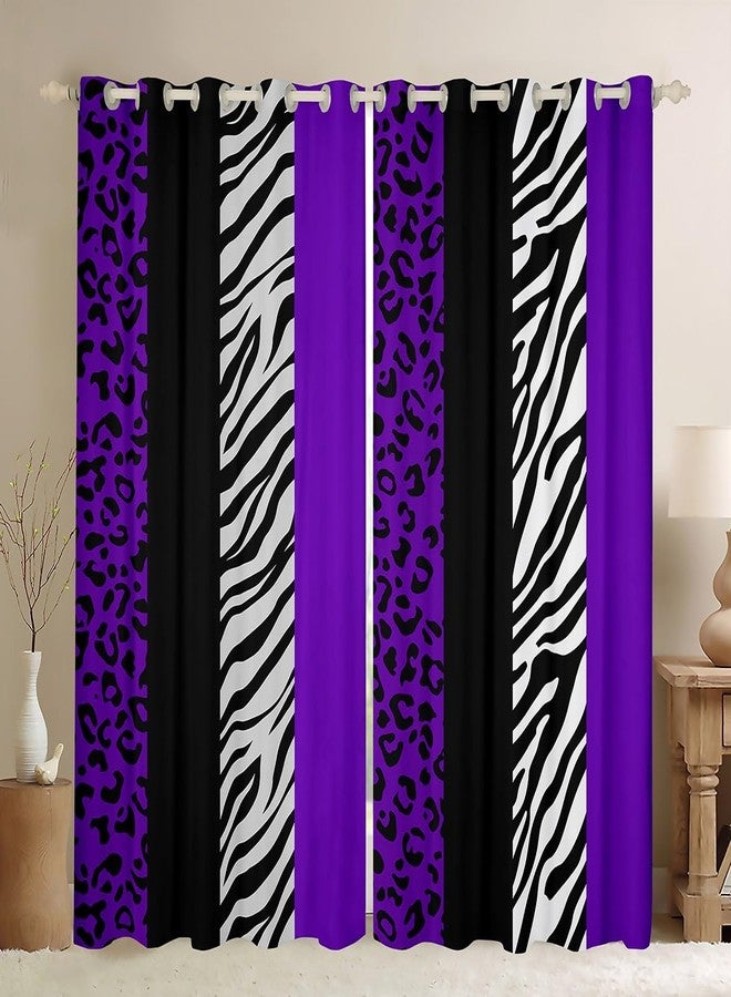 Homewish Leopard Print Window Curtains,Zebra Skin Texture Window Drapes for Kids Teens Adult,Striped Fashion Black White and Purple Window Treatments Grommet Top 2 Panel Set Curtains, 38Wx45L inch - Image 1